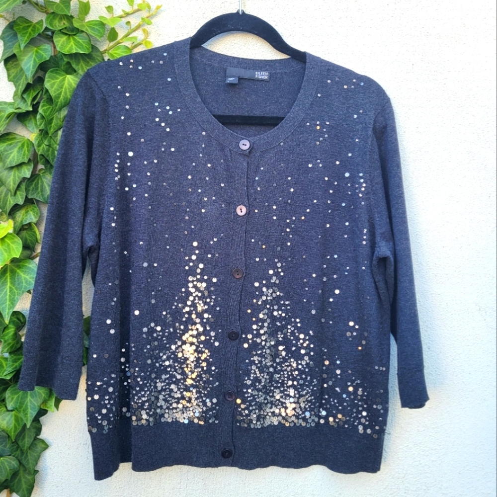 Eileen Fisher Gray Cardigan with Gold Accents